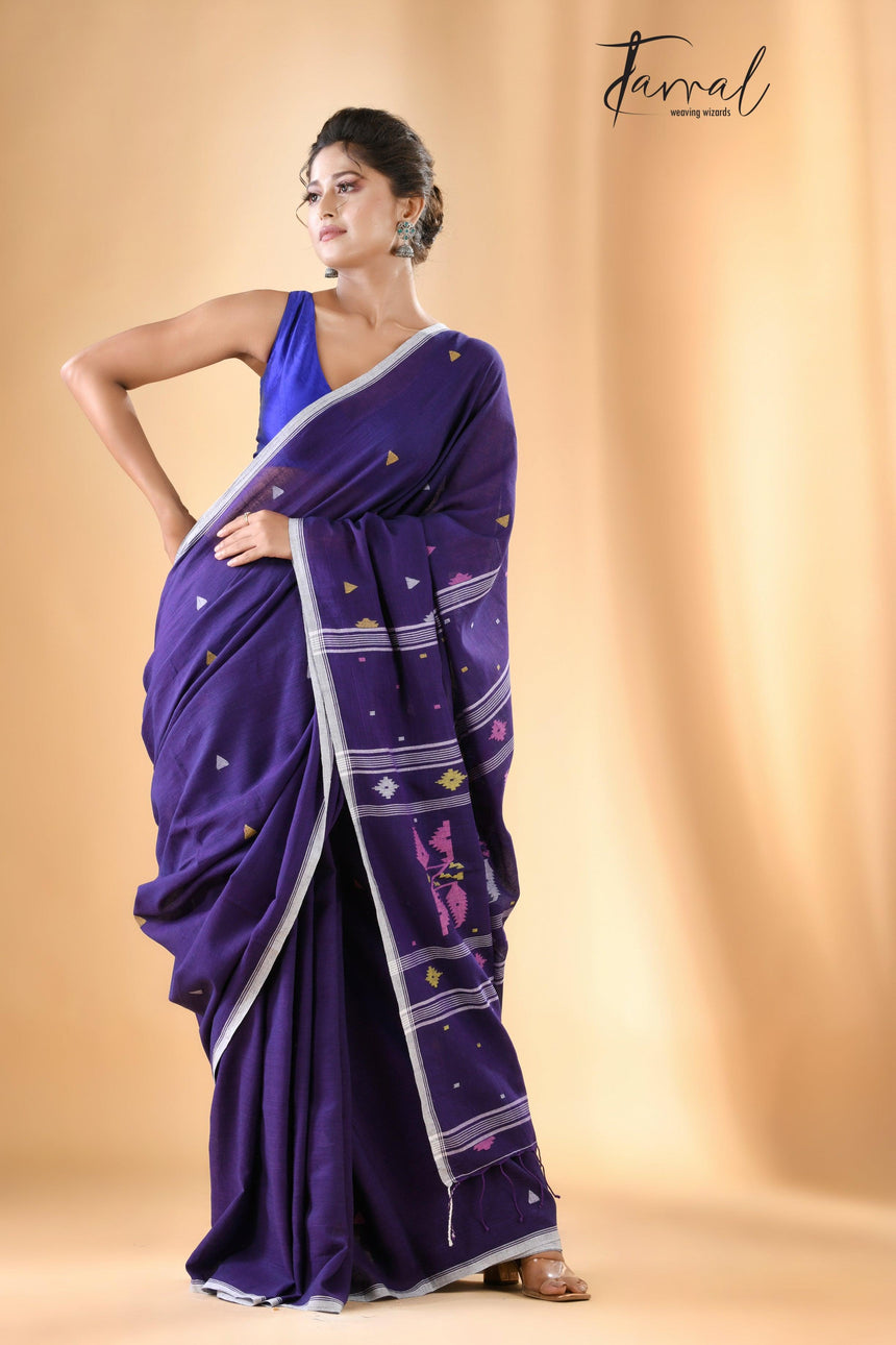Violet with white border pure cotton handwoven jamdani saree