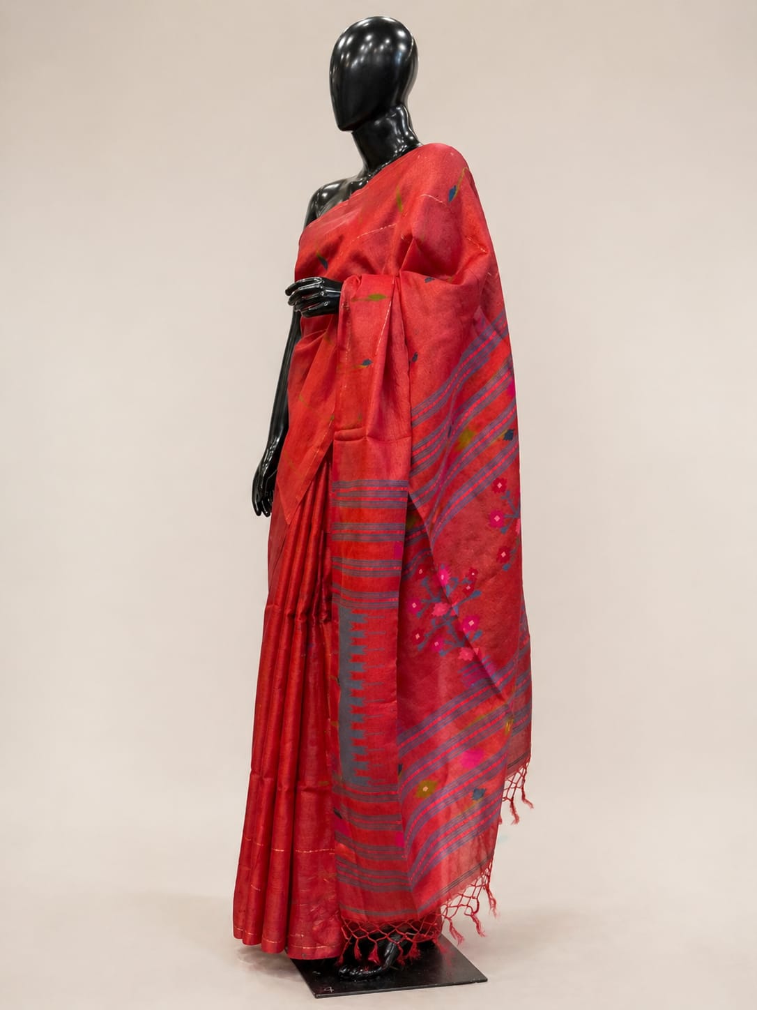 Red Tussar Silk Handwoven Jamdani Saree – Traditional Pattern | Silk Mark Certified
