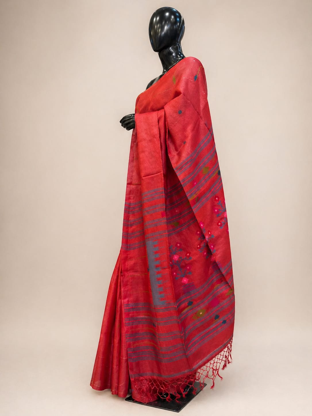 Red Tussar Silk Handwoven Jamdani Saree – Traditional Pattern | Silk Mark Certified