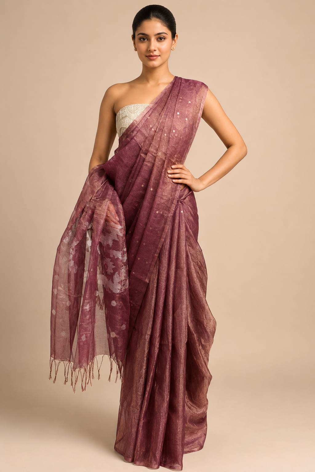 Pure Tissue Muslin Silk Handwoven Jamdani Saree with Sequins – Brown