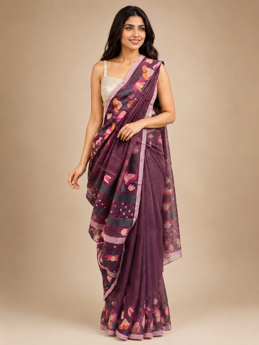Pure & Premium Muslin Silk Handwoven Needlework Jamdani Saree – Deep Win