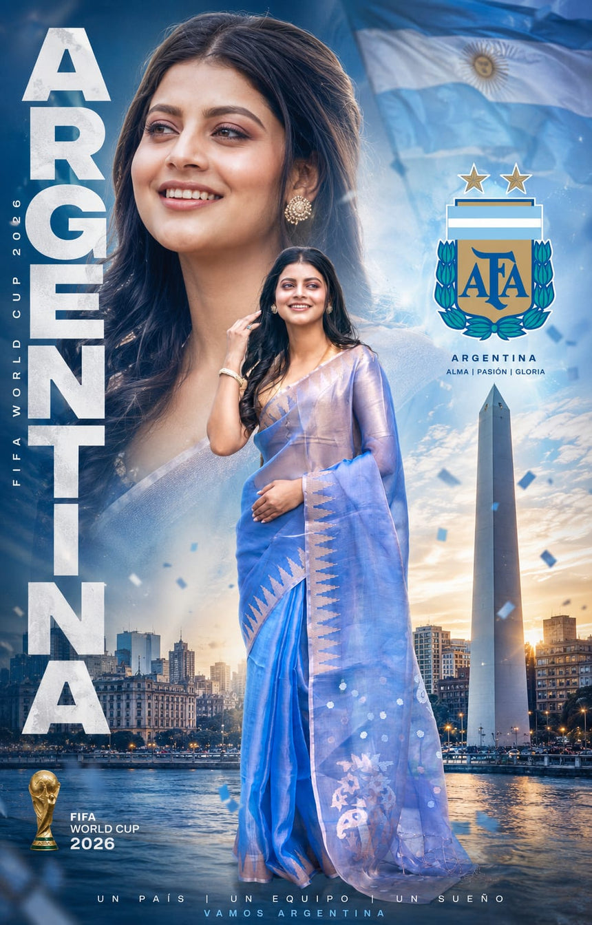 Soft Golden Sky Blue Pure Tissue Muslin Silk Handwoven Jamdani Saree – Argentina Inspired FIFA World Cup 2026 Collection