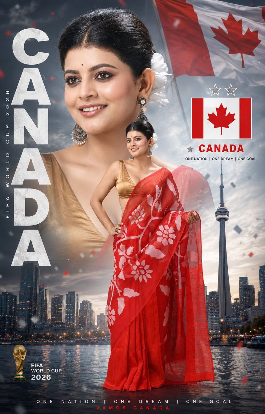 Red Muslin & Matka Silk Handwoven Jamdani Saree with White Floral Motifs | Canada Inspired FIFA World Cup 2026 Collection | Tamal Boutique