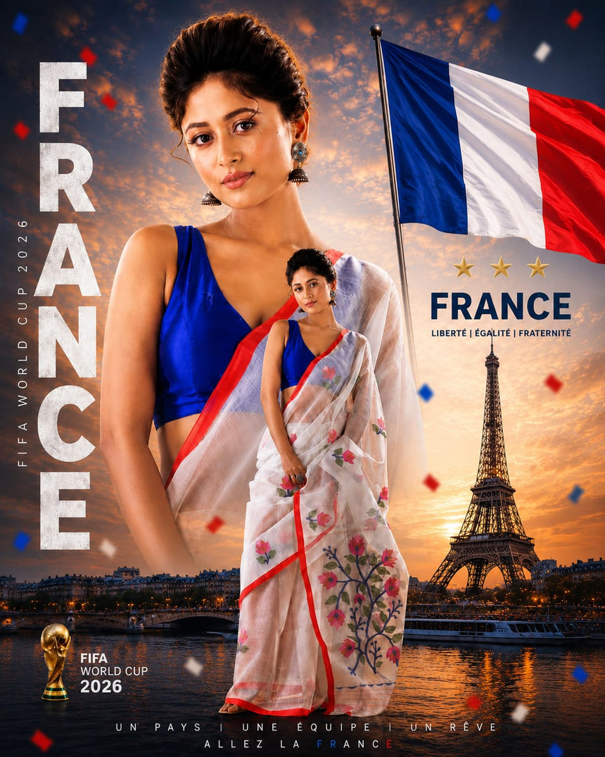 Off-White Handwoven Muslin Silk Jamdani Saree With Red Border – France Football Fan FIFA World Cup 2026 Collection