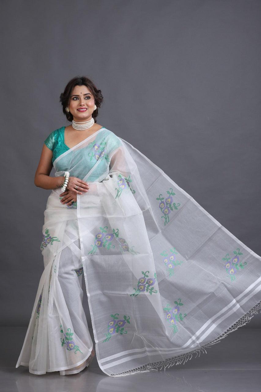 White Nilkontho floral motifs muslin silk handwoven jamdani saree - Tamal Boutique