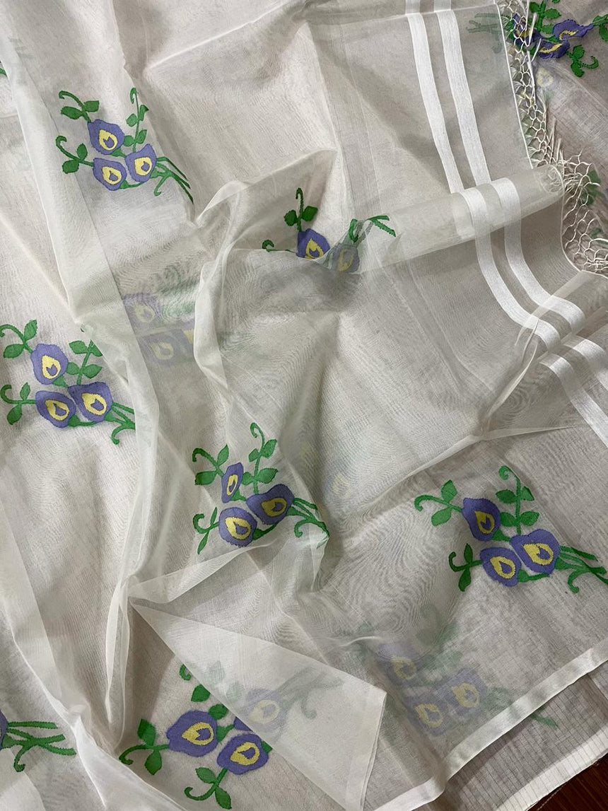 White Nilkontho floral motifs muslin silk handwoven jamdani saree - Tamal Boutique