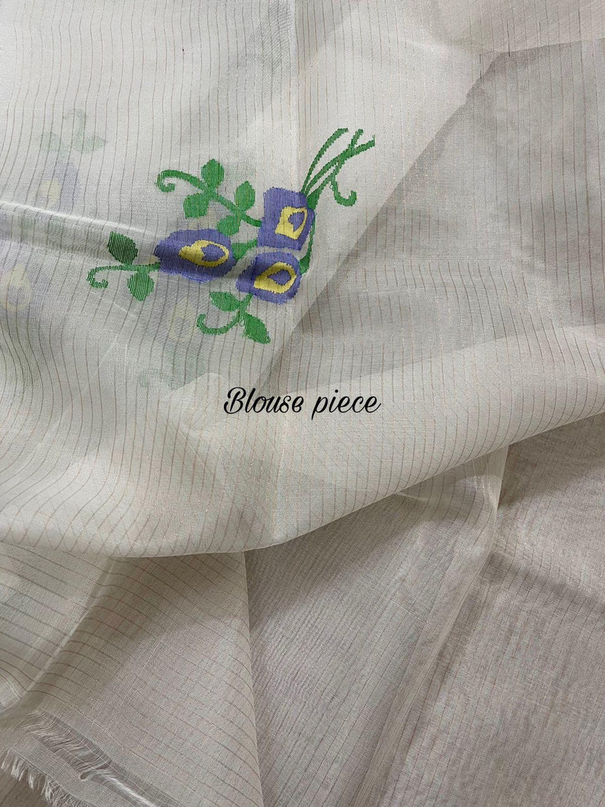 White Nilkontho floral motifs muslin silk handwoven jamdani saree - Tamal Boutique