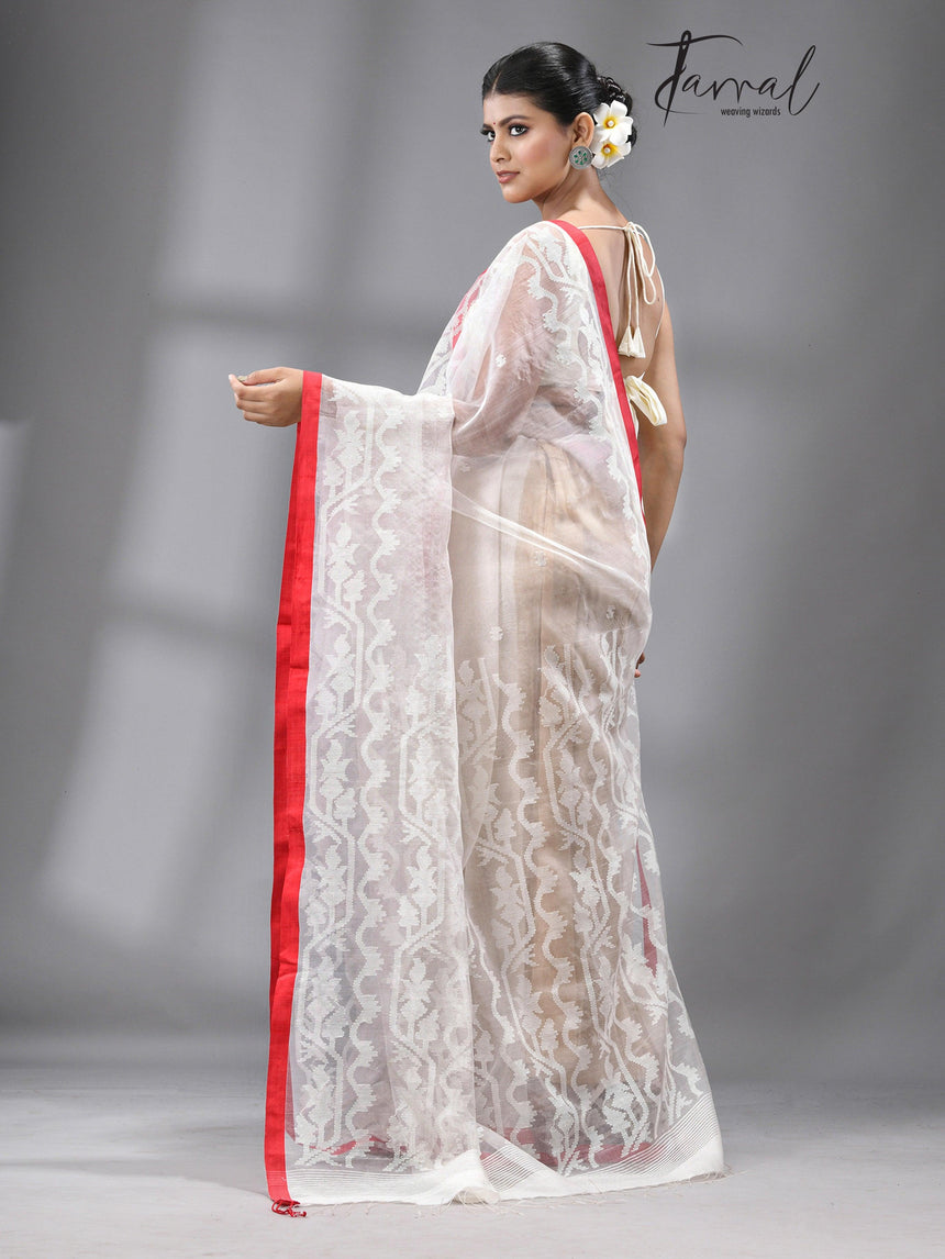 White With Red Border Handwoven Dhakai Jamdani In Muslin Silk