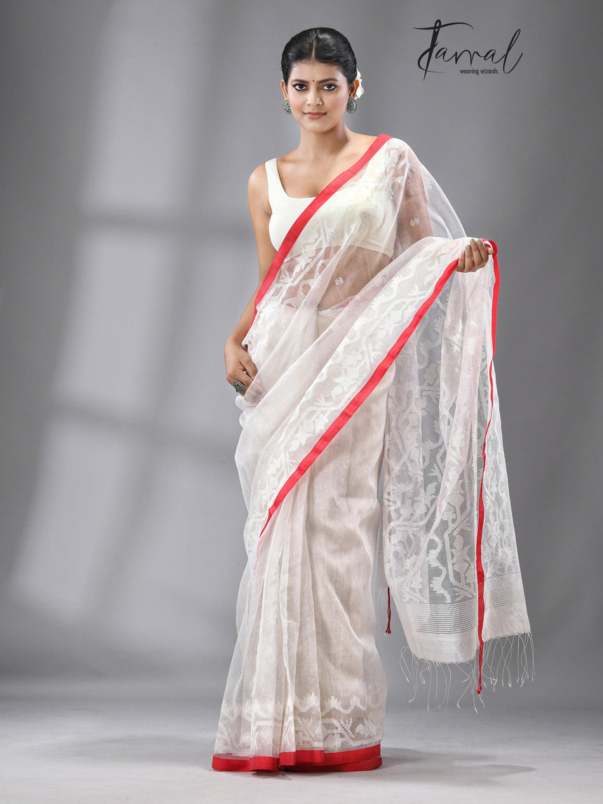 White With Red Border Handwoven Dhakai Jamdani In Muslin Silk