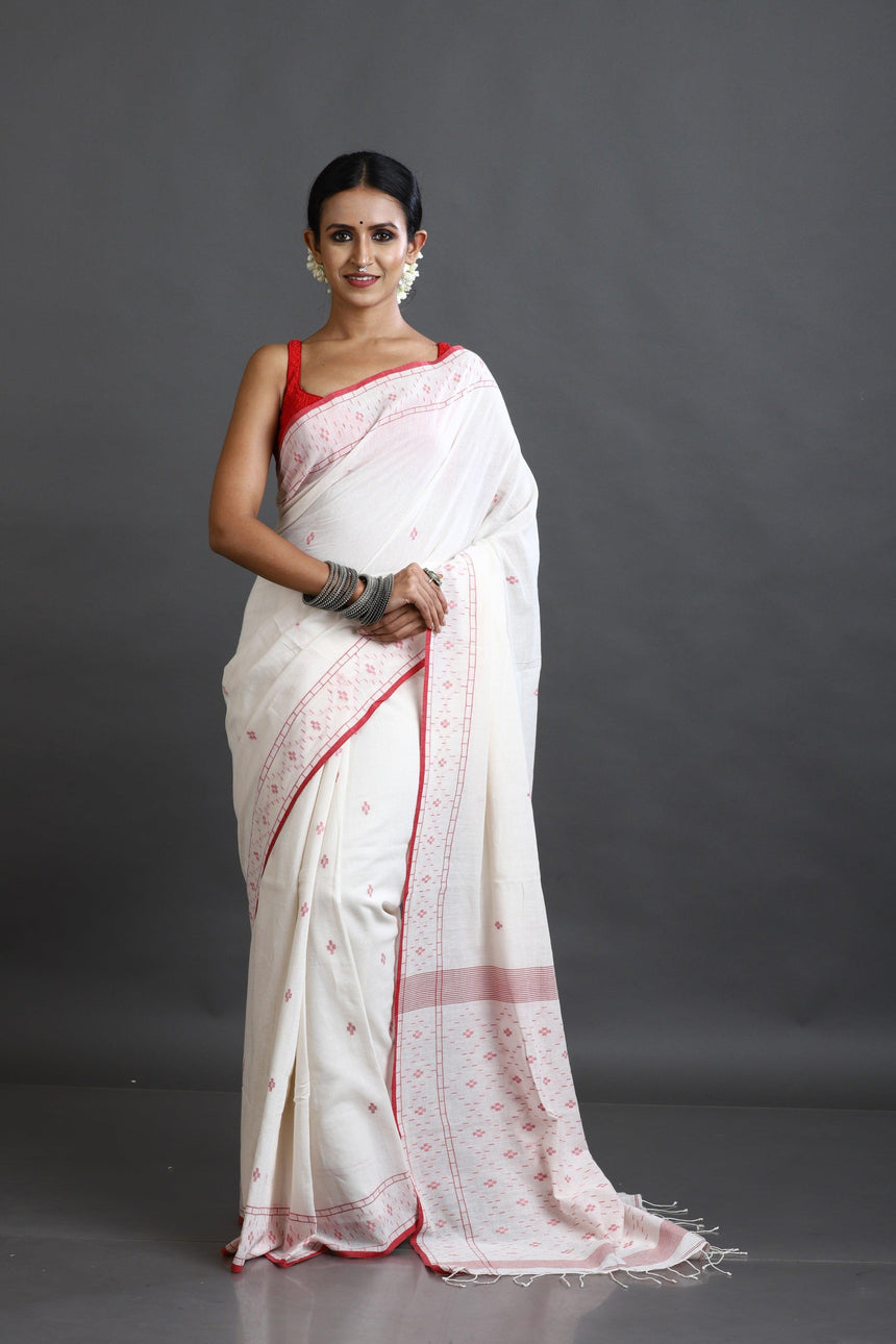White With Red Border Net Pallu Handwoven Jamdani Saree - Tamal Boutique