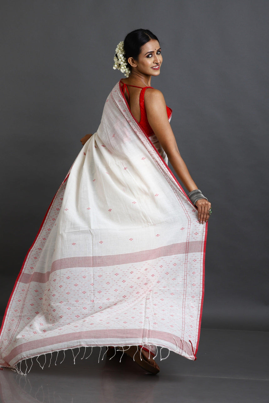 White With Red Border Net Pallu Handwoven Jamdani Saree - Tamal Boutique