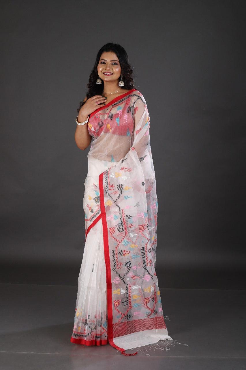 White with red border and multicolour traditional handwoven muslin silk jamdani saree - Tamal Boutique