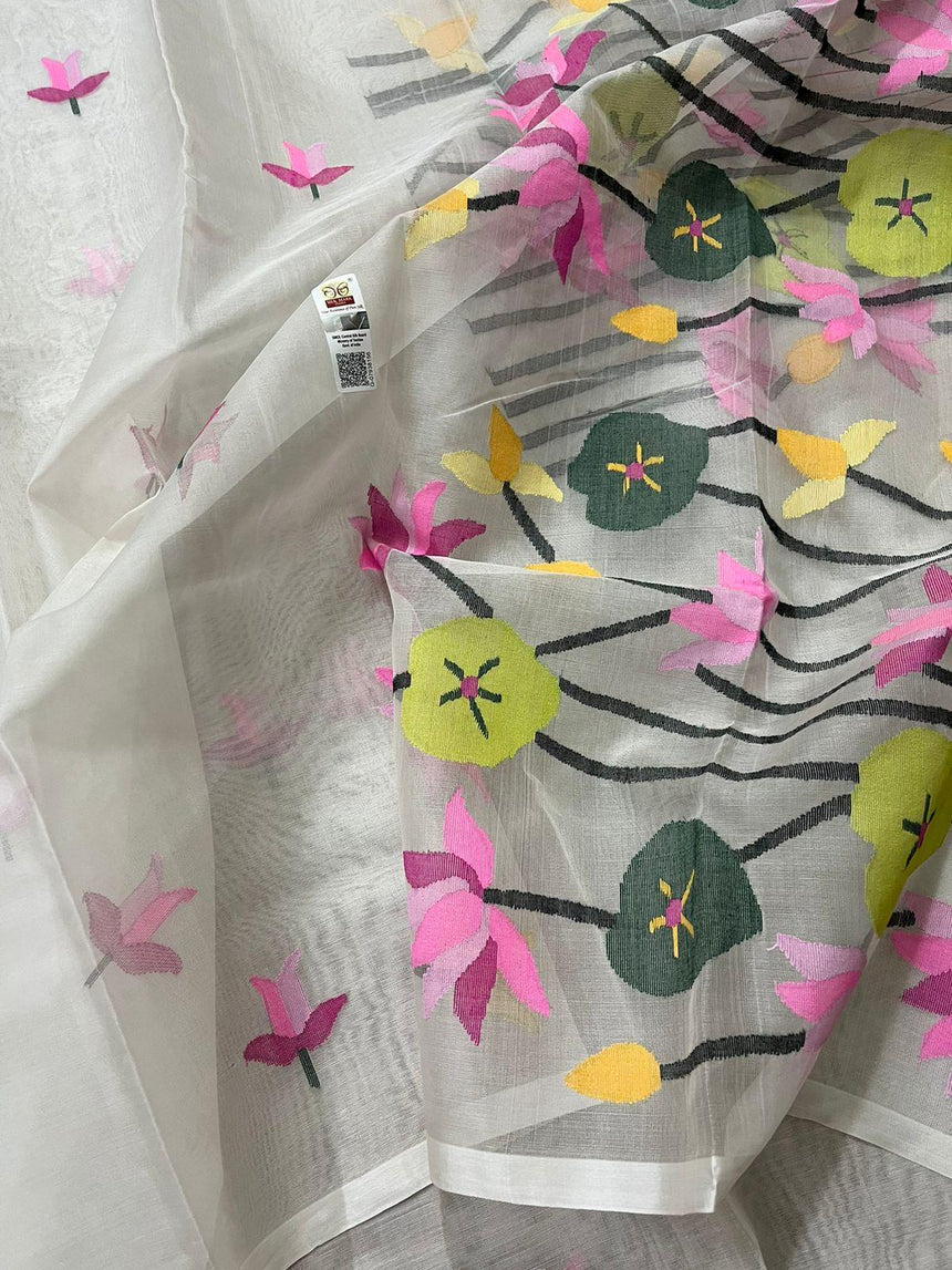 White with multi colour lotus handwoven muslin silk jamdani saree - Tamal Boutique