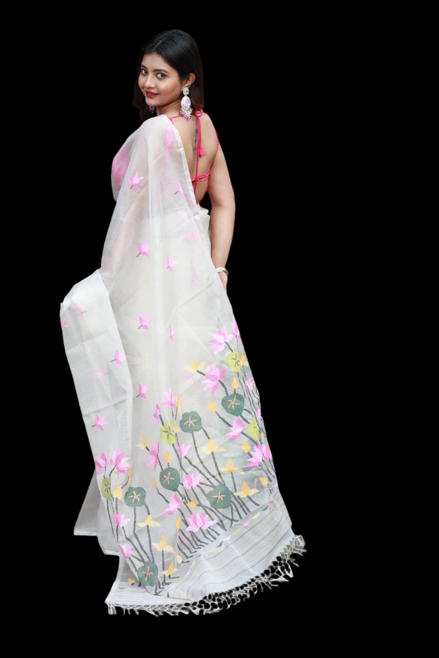 White lotus handwoven muslin silk jamdani saree full
