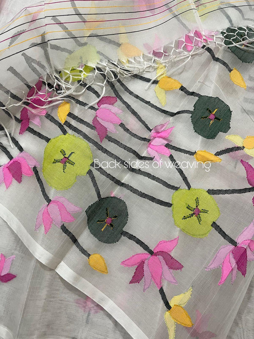 White with multi colour lotus handwoven muslin silk jamdani saree - Tamal Boutique