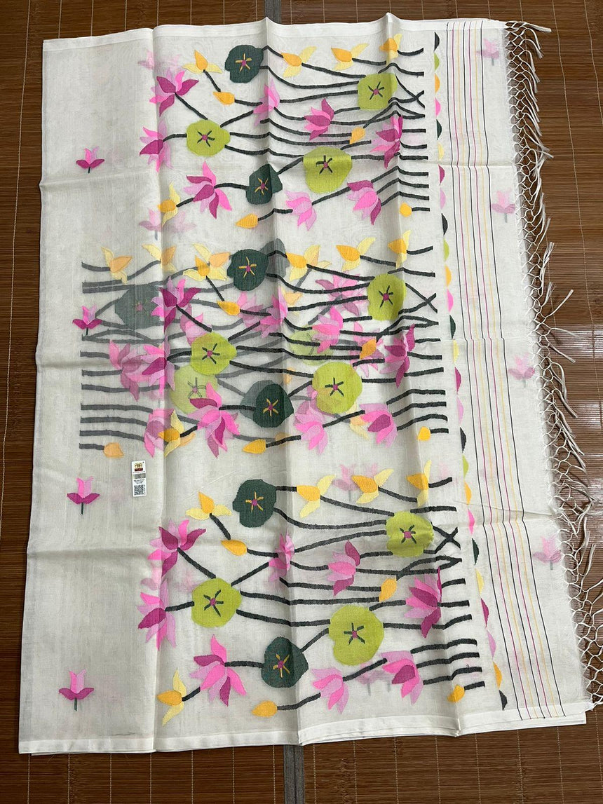 White with multi colour lotus handwoven muslin silk jamdani saree - Tamal Boutique