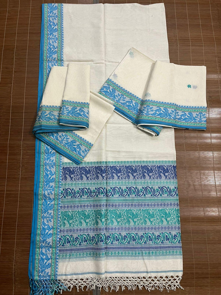 White cotton baluchari kurti 3 piece set - Tamal Boutique