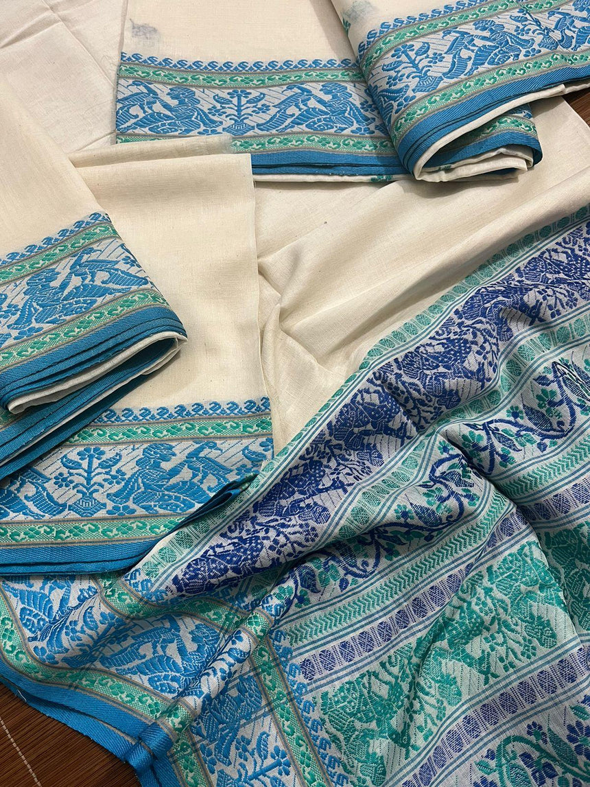 White cotton baluchari kurti 3 piece set - Tamal Boutique