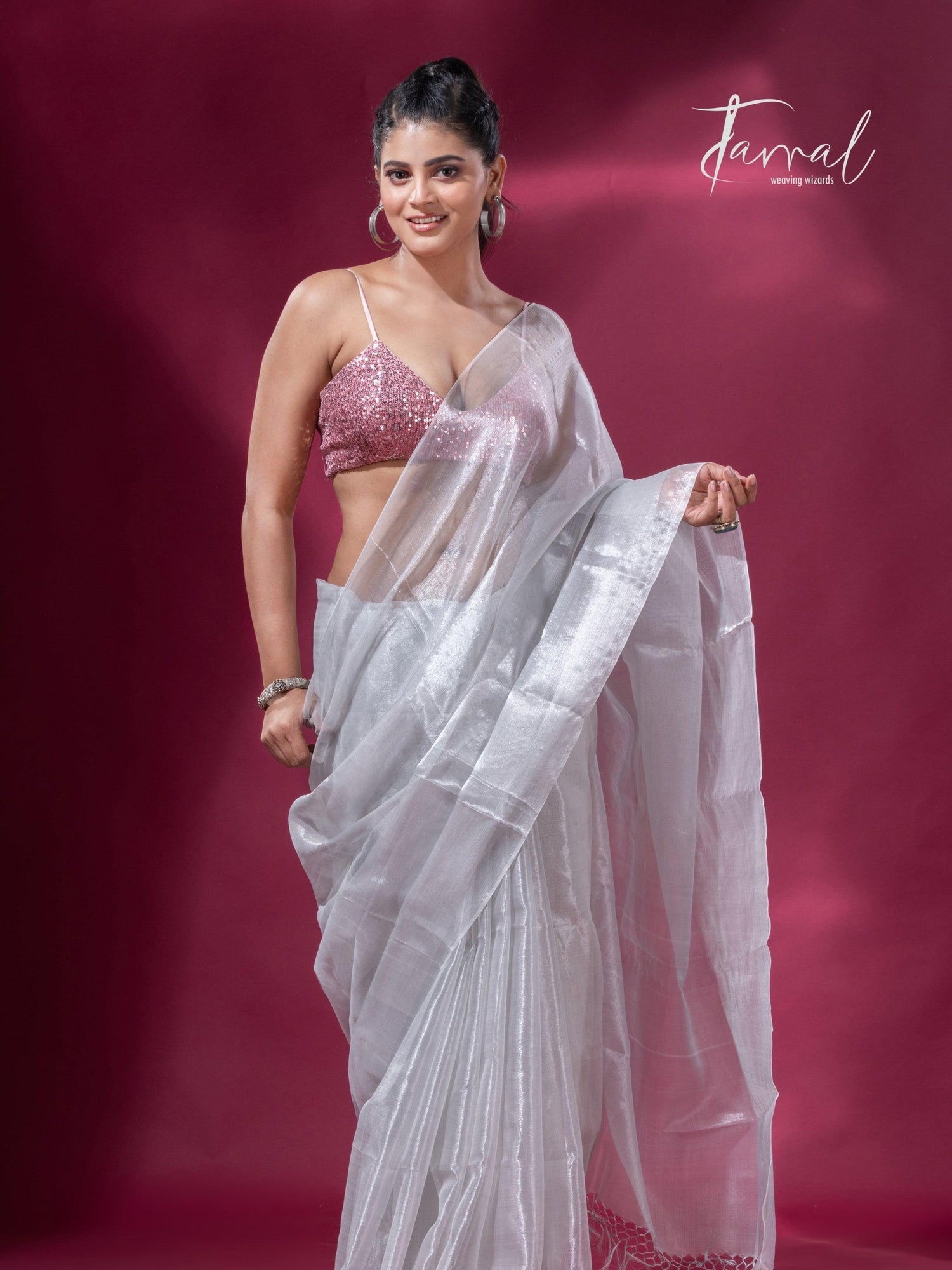 White organza silk tissue handloom saree - Tamal Boutique