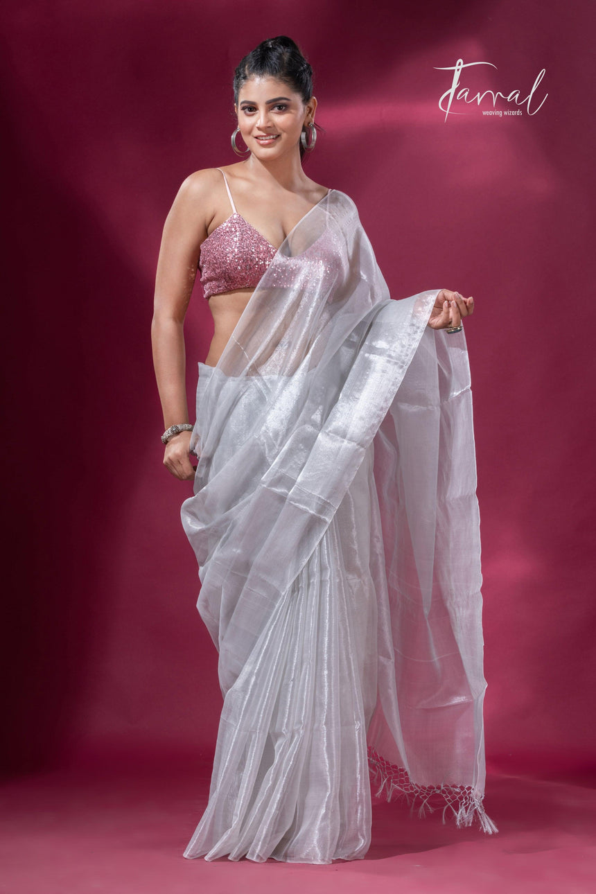 White organza silk tissue handloom saree - Tamal Boutique