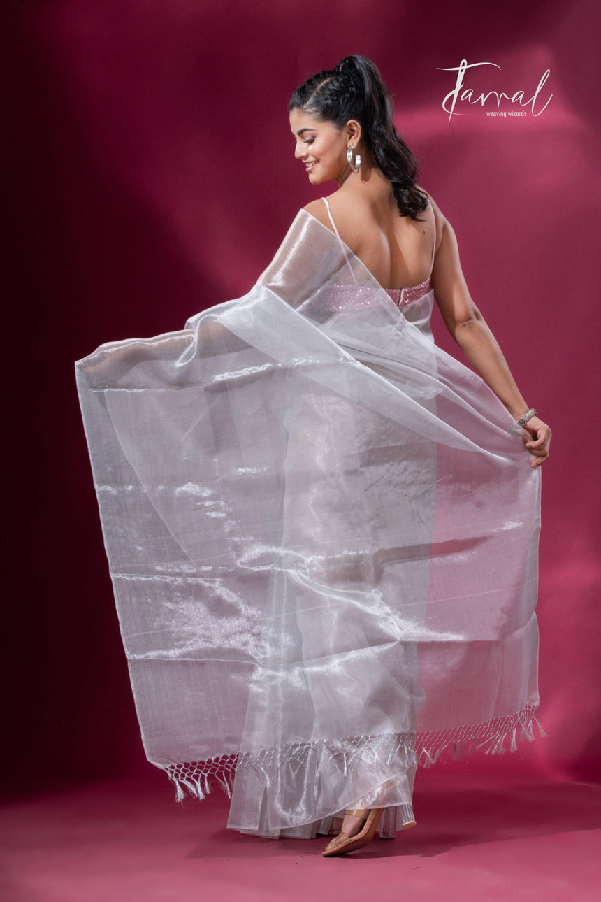 White organza silk tissue handloom saree - Tamal Boutique