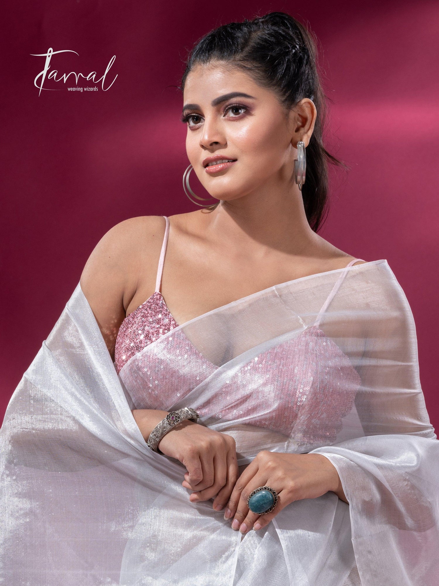 White organza silk tissue handloom saree - Tamal Boutique