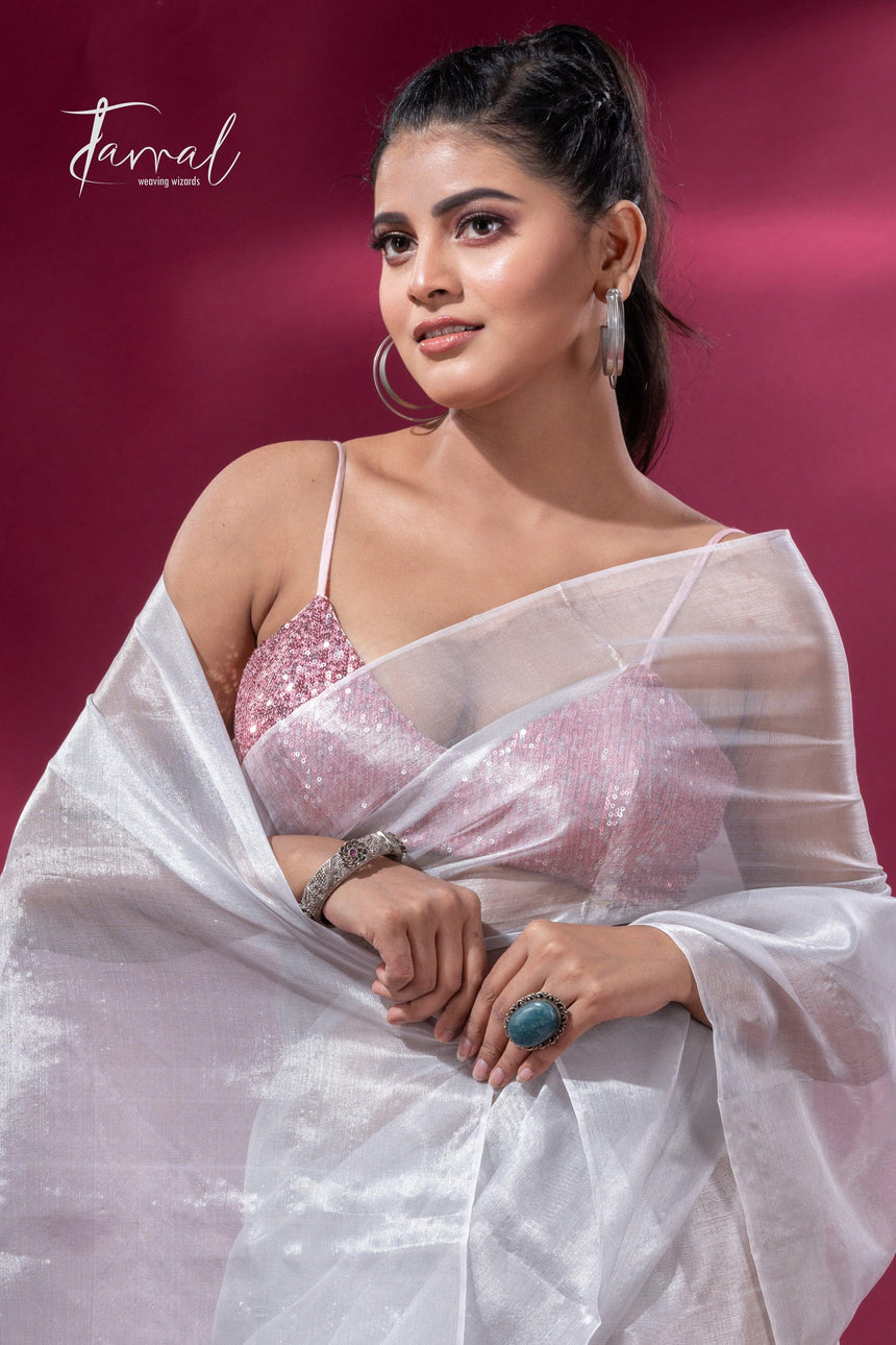 White organza silk tissue handloom saree - Tamal Boutique