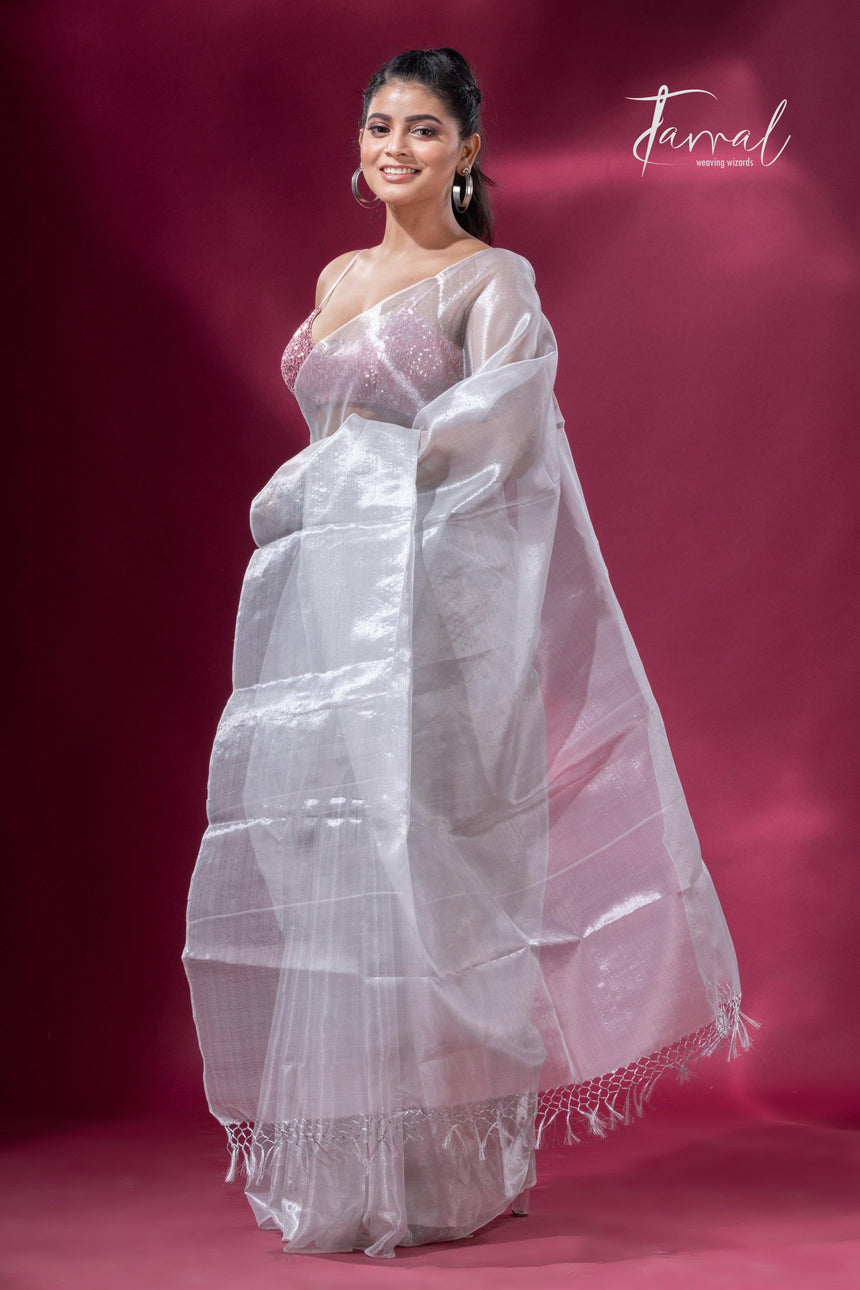 White organza silk tissue handloom saree - Tamal Boutique
