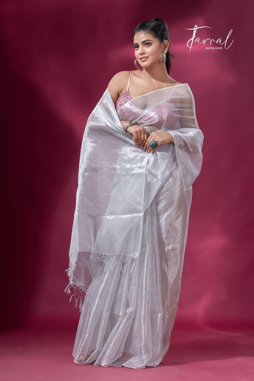 White organza silk tissue handloom saree - Tamal Boutique