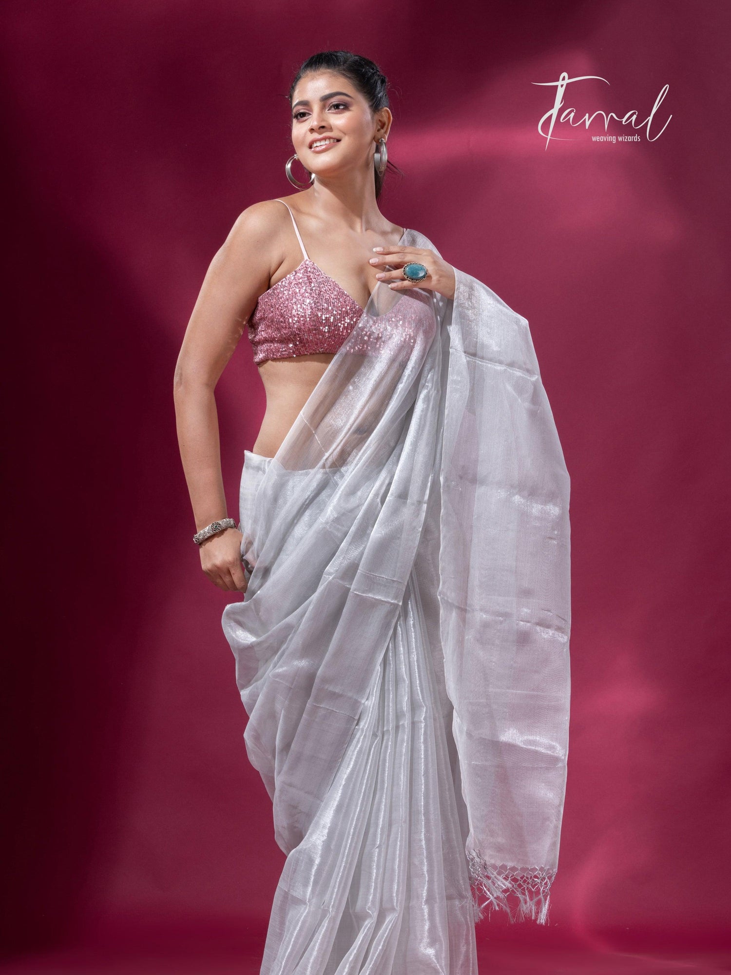 White organza silk tissue handloom saree - Tamal Boutique