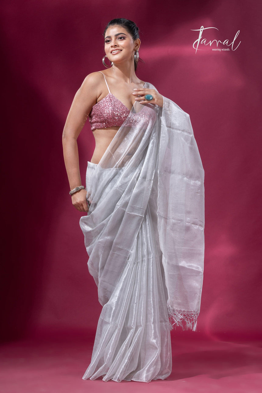 White organza silk tissue handloom saree - Tamal Boutique