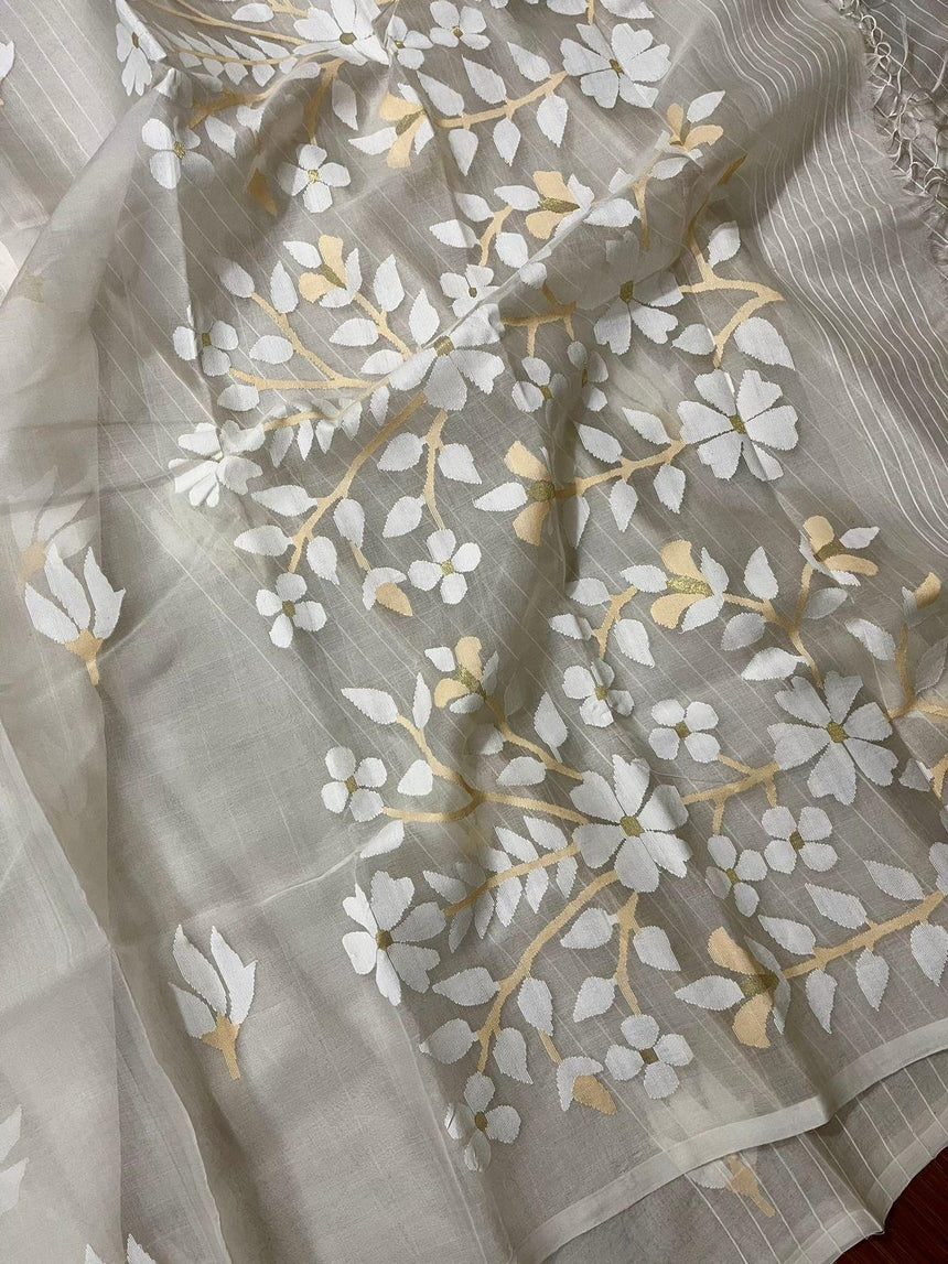 White self with beige colour floral handwoven muslin silk jamdani saree - Tamal Boutique