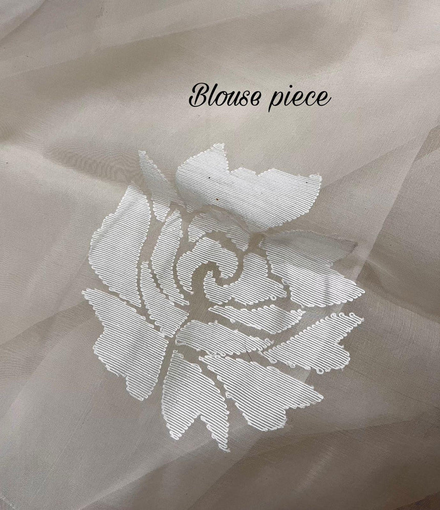 White self rose motifs handwoven muslin silk jamdani saree - Tamal Boutique