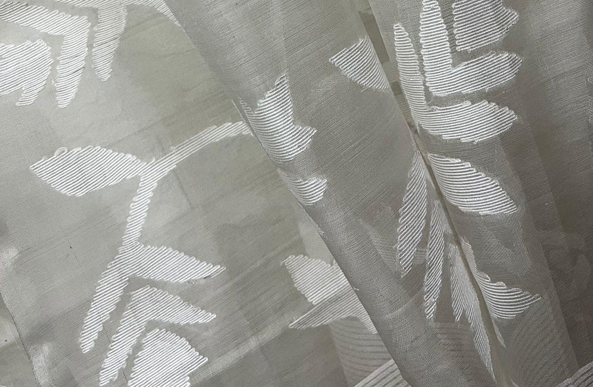 White self rose motifs handwoven muslin silk jamdani saree - Tamal Boutique