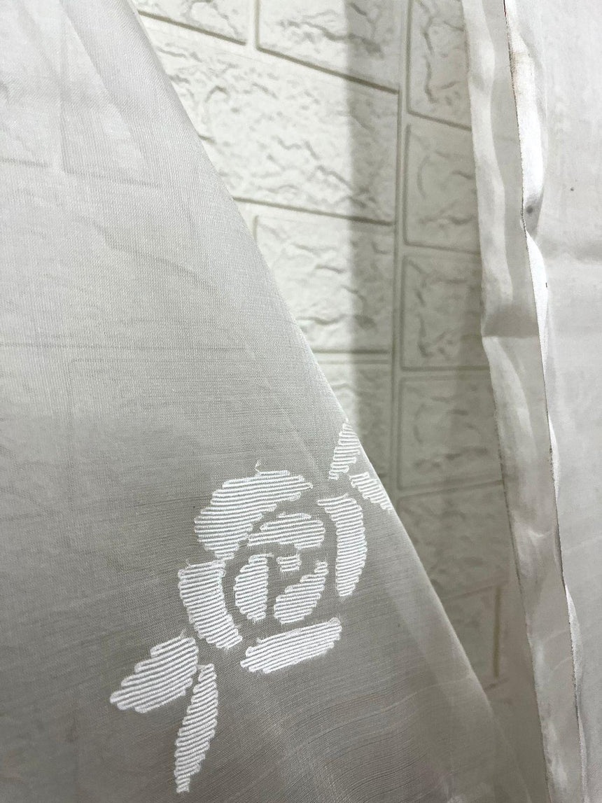 White self rose motifs handwoven muslin silk jamdani saree - Tamal Boutique
