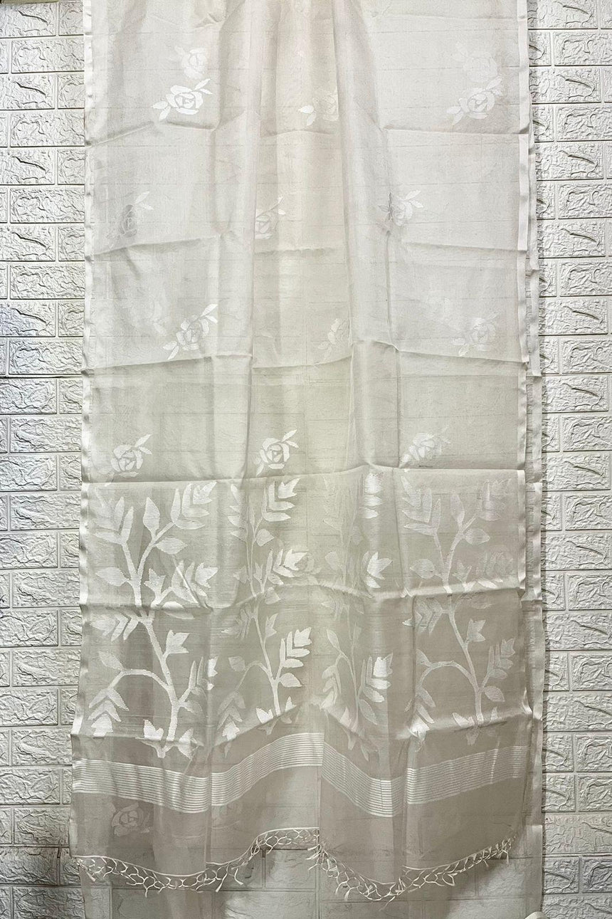 White self rose motifs handwoven muslin silk jamdani saree - Tamal Boutique