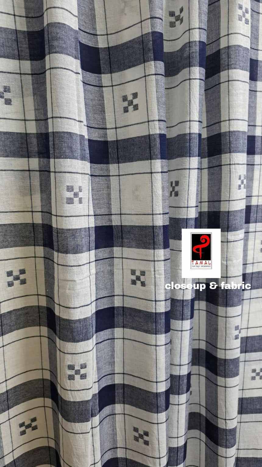 White with Blue color check pure cotton handwoven jamdani saree