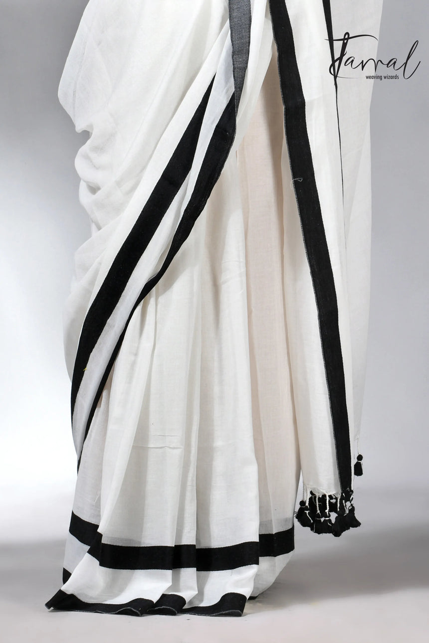 White with black colour border mul cotton handloom saree