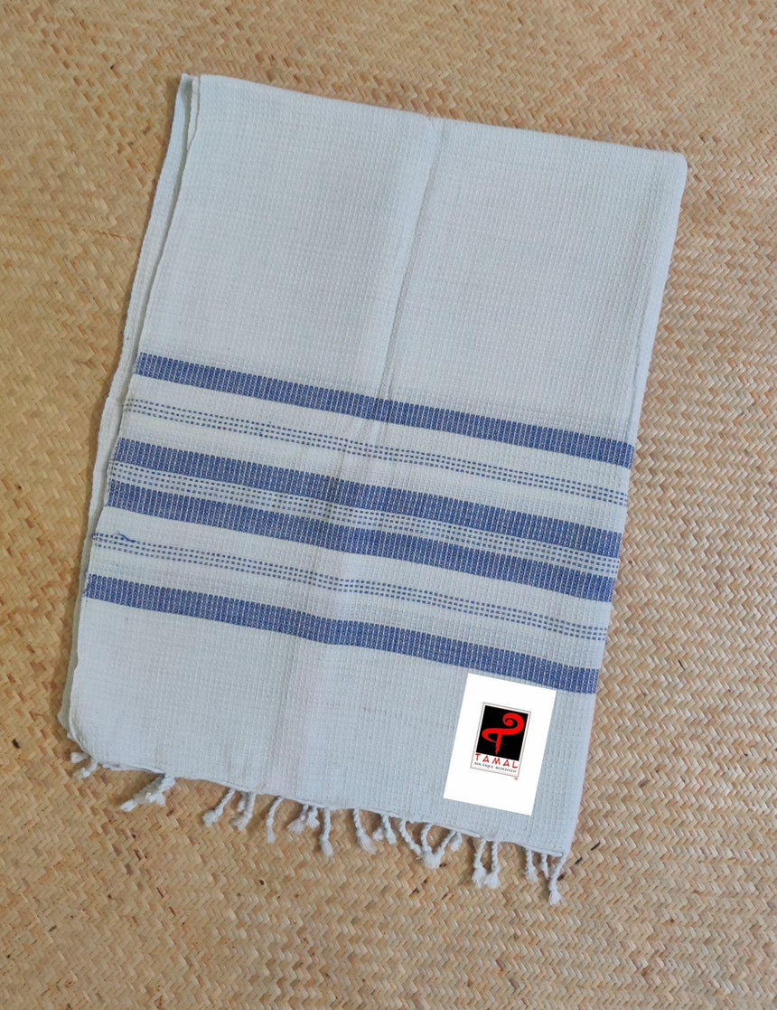 White with blue handcrafted cotton towel ( single ) - Tamal Boutique