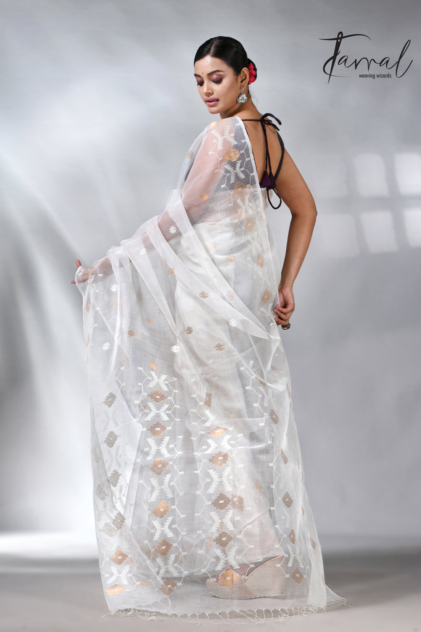 White with golden zari muslin silk handwoven jamdani saree