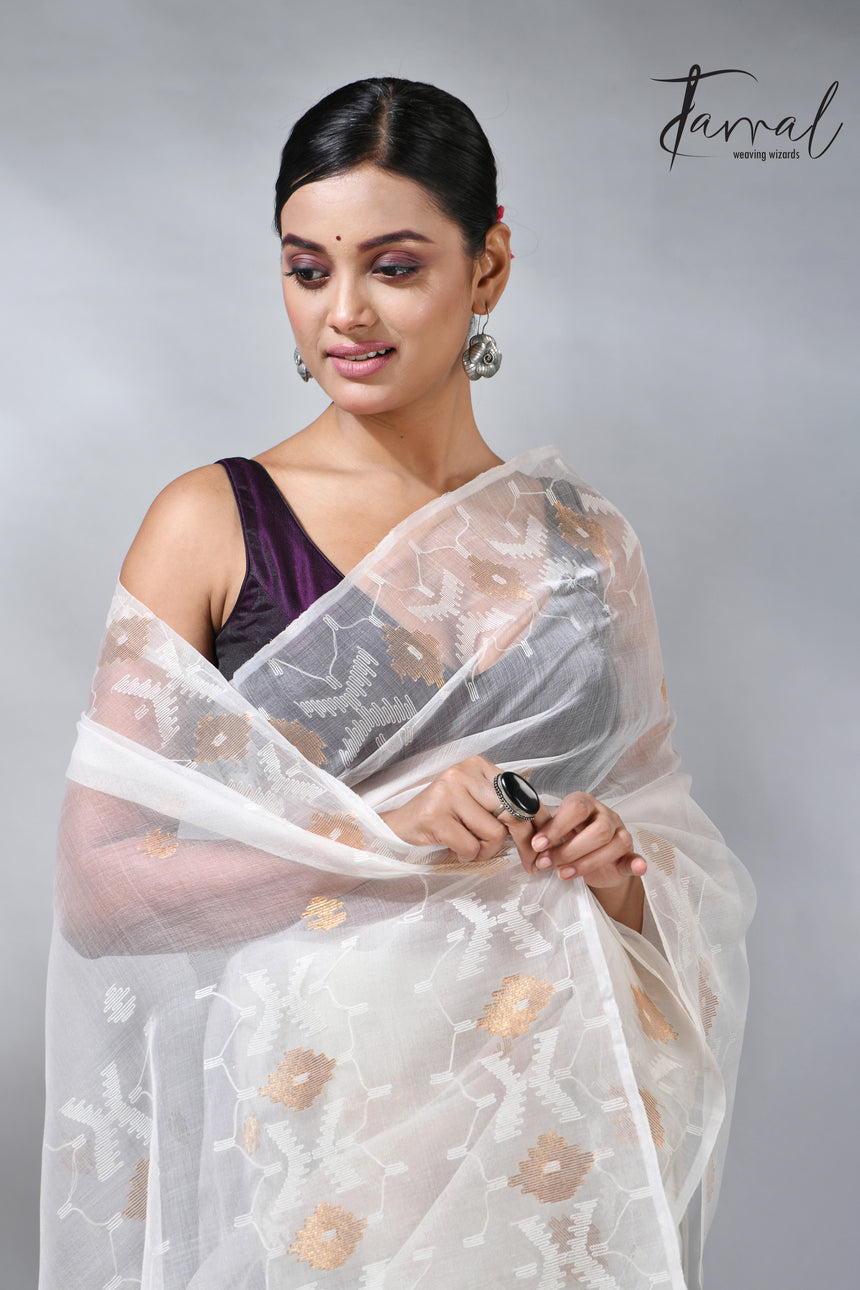 White with golden zari muslin silk handwoven jamdani saree