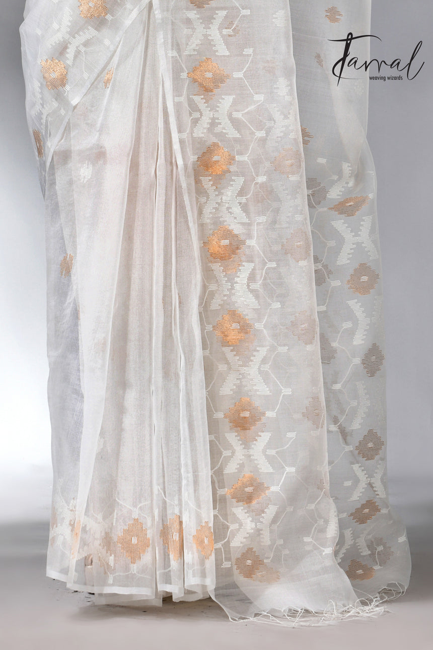 White with golden zari muslin silk handwoven jamdani saree