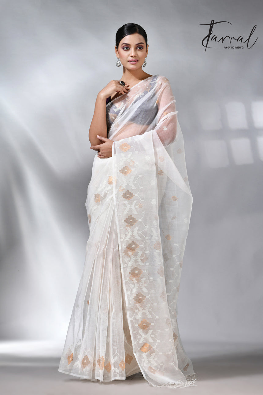 White with golden zari muslin silk handwoven jamdani saree