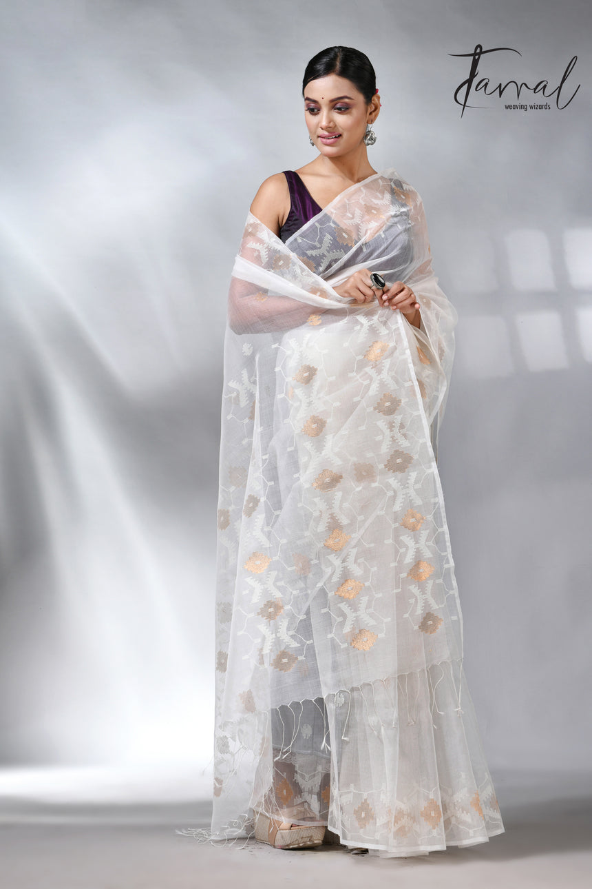 White with golden zari muslin silk handwoven jamdani saree