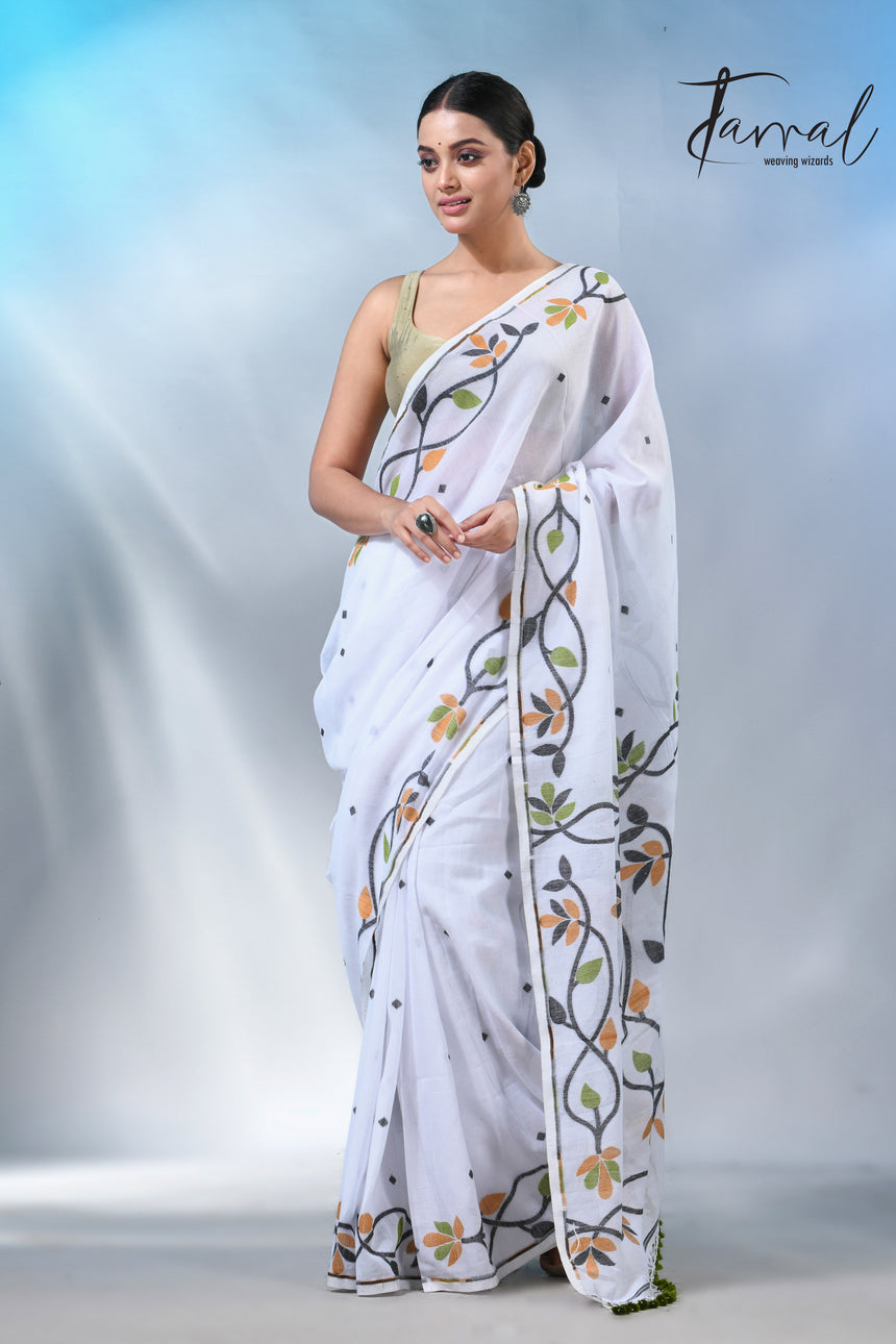 White with multicolor pure cotton handloom jamdani work saree