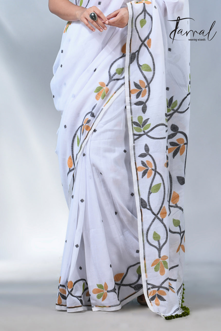 White_with_multicolor_pure_cotton_handloom_jamdani_work_saree