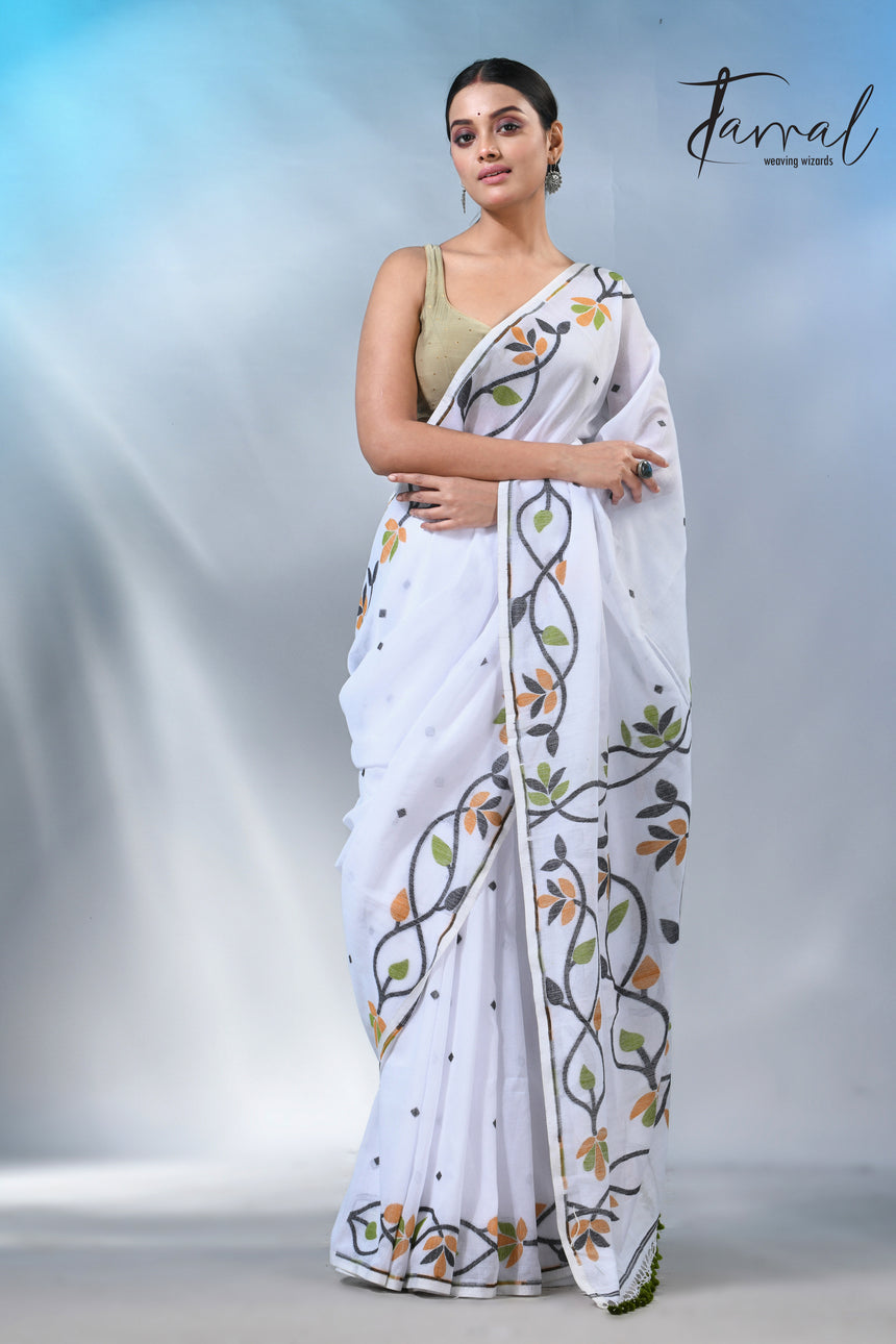 White with multicolor pure cotton handloom jamdani work saree