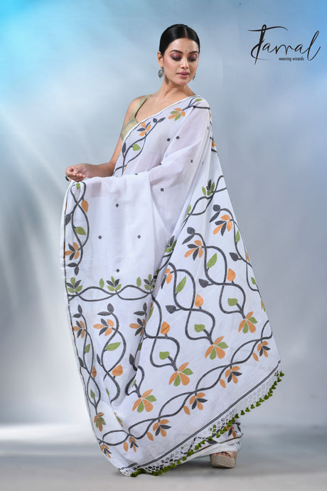 White_with_multicolor_pure_cotton_handloom_jamdani_work_saree_full