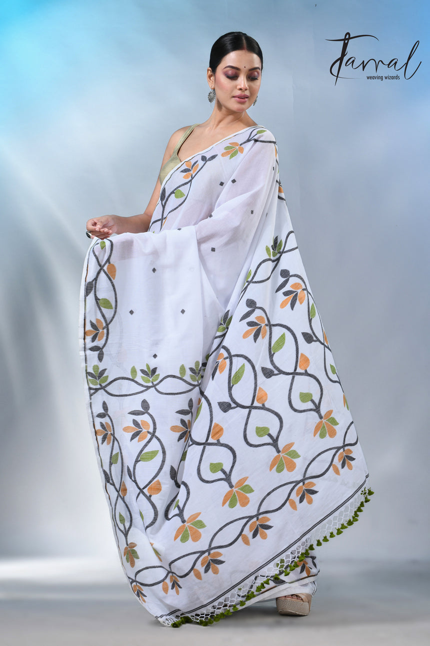 White_with_multicolor_pure_cotton_handloom_jamdani_work_saree_full