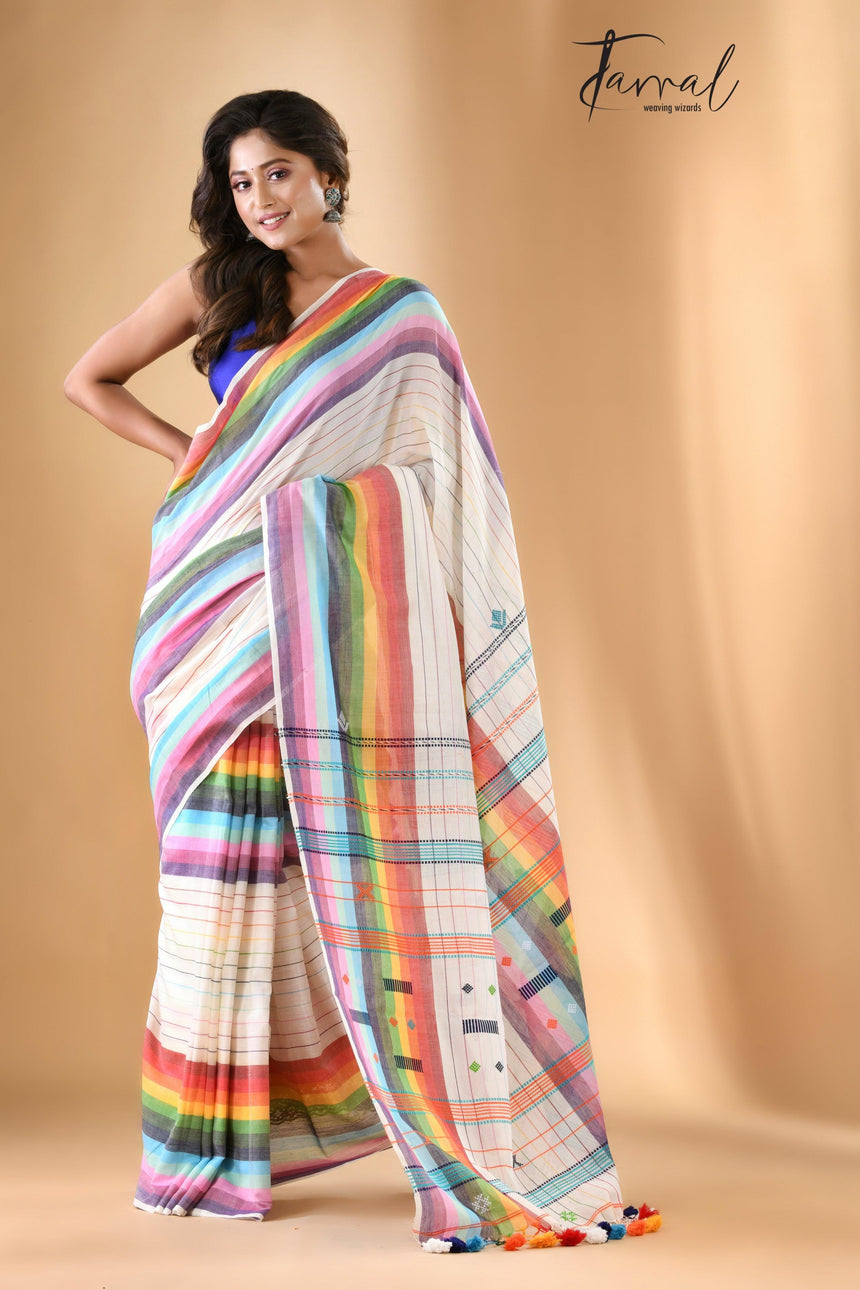 White with multicolour bhujodi design cotton handloom saree